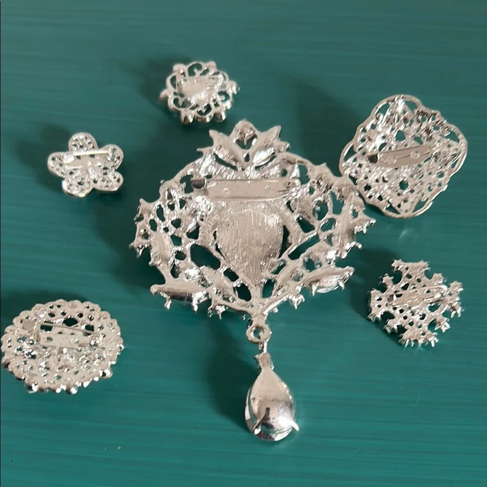 Bridal Wedding Prom Formal 6 Piece Rhinestone Silver Floral Brooch Set - Picture 8 of 9